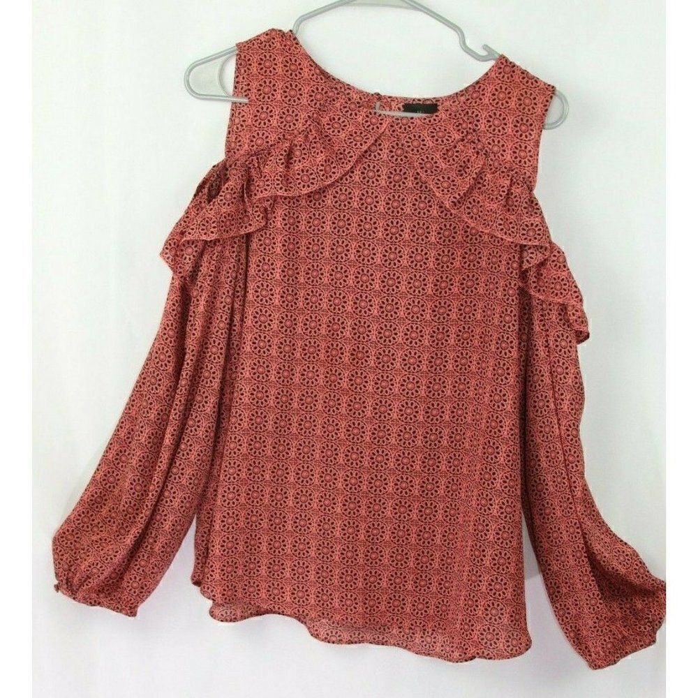 Worthington Print Blouse Cold Shoulder Pink Floral Long Sleeves Womens Petite L